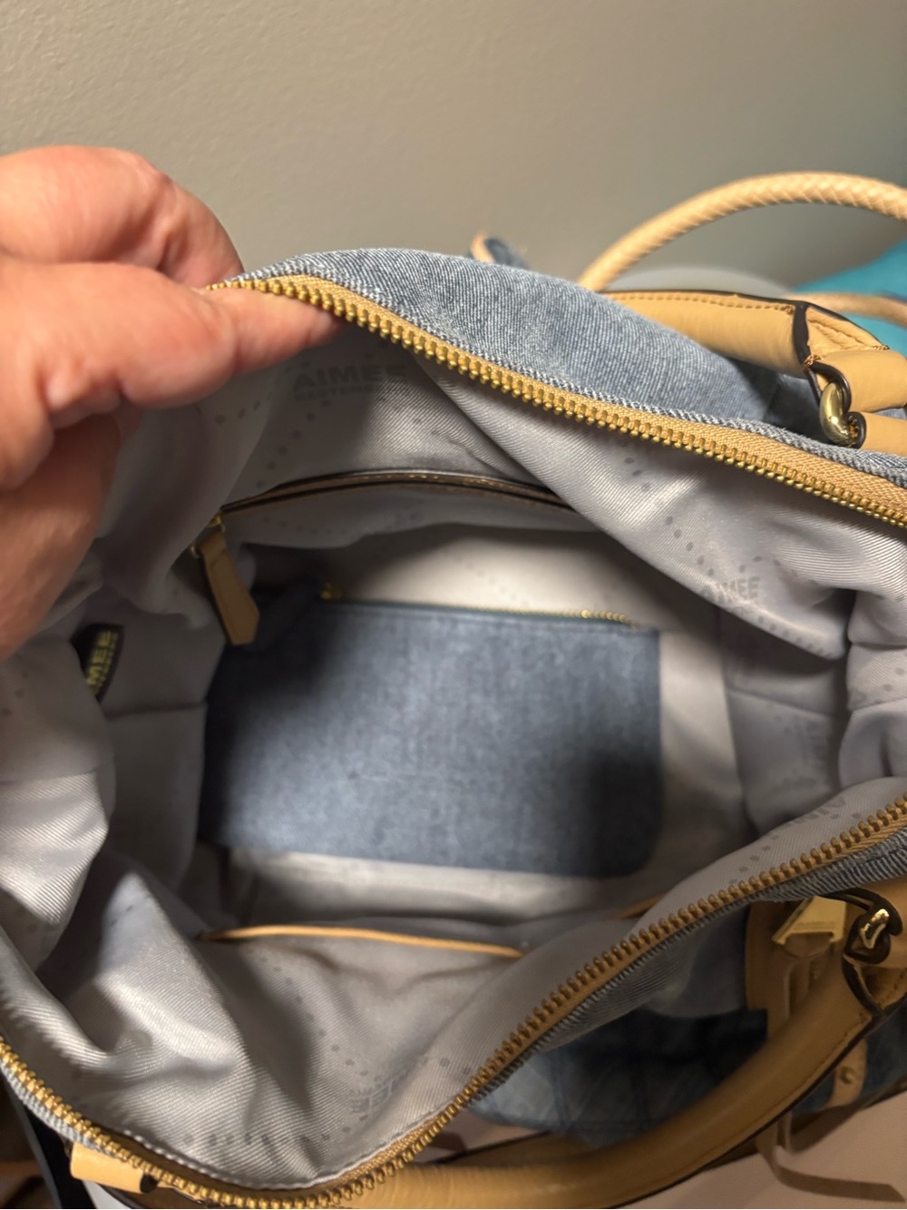 Aimee Kestenberg Denim Leather Satchel - Tan Trim & Double Zippers - EUC - Picture 10 of 13